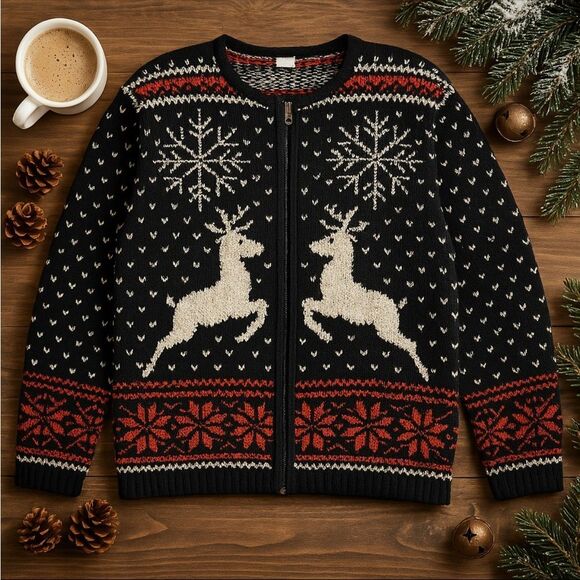 Vintage Reindeer Zip-Up Cardigan Sweater – Women’s M – Fair Isle Nordic Knit - Picture 1 of 9